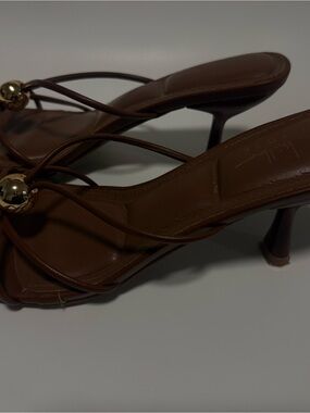 Brown Strappy Heel Sandals with Gold Accent